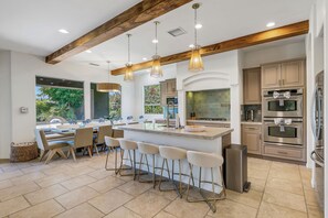 Fridge, microwave, oven, stovetop - Lotus Retreat: 7BD Pool Game Rm (Indio)