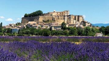 A historic building with a fortified structure, surrounded by a field of lavender.