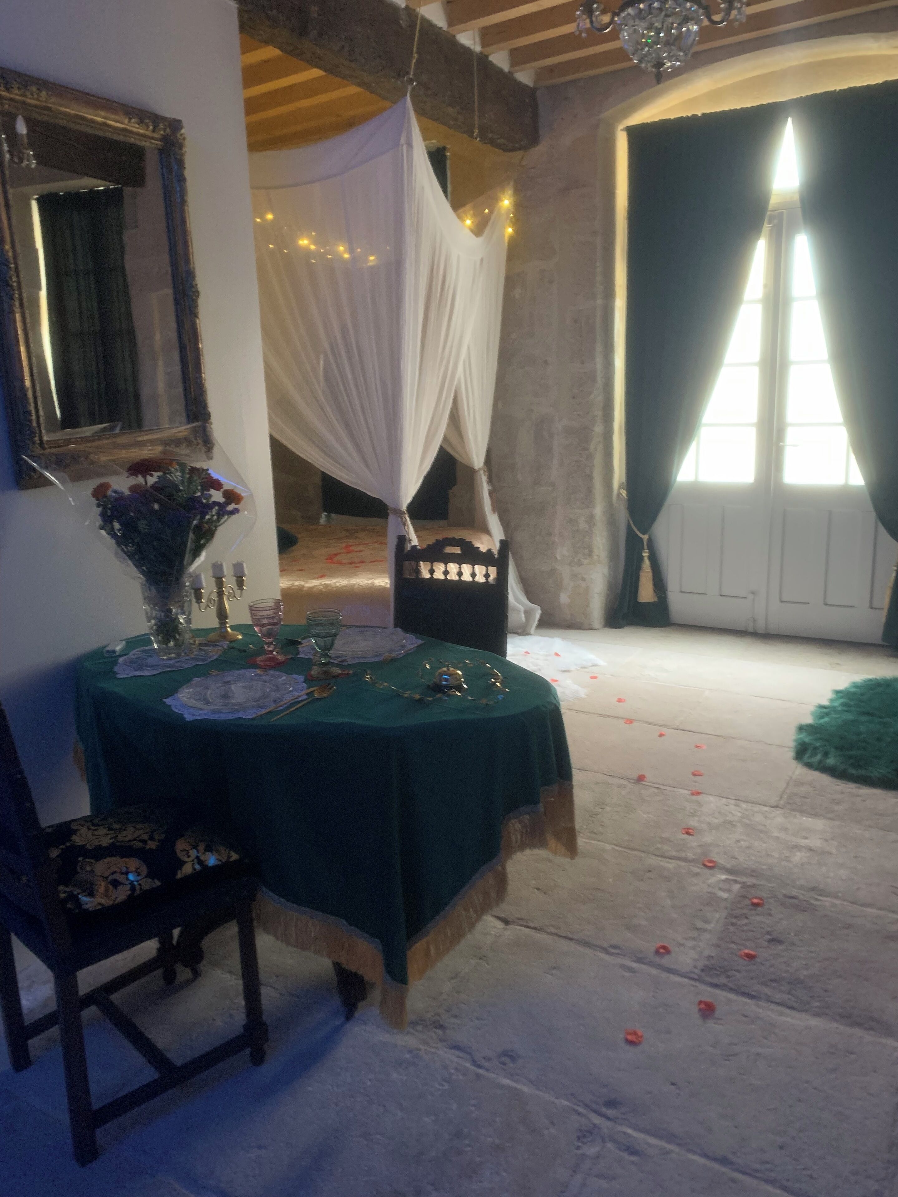 Habitació amb un llit, un dosser, una taula amb estovell verd i una cadira.