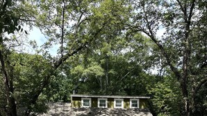 Une maison à deux étages avec un porche à l’avant, entourée d’arbres.