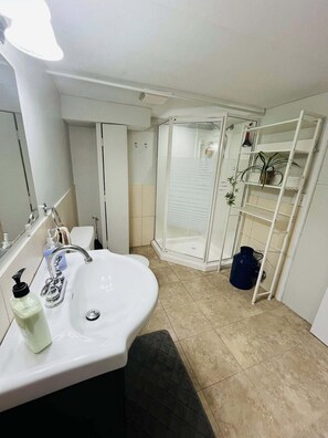 Shower, towels, soap, toilet paper