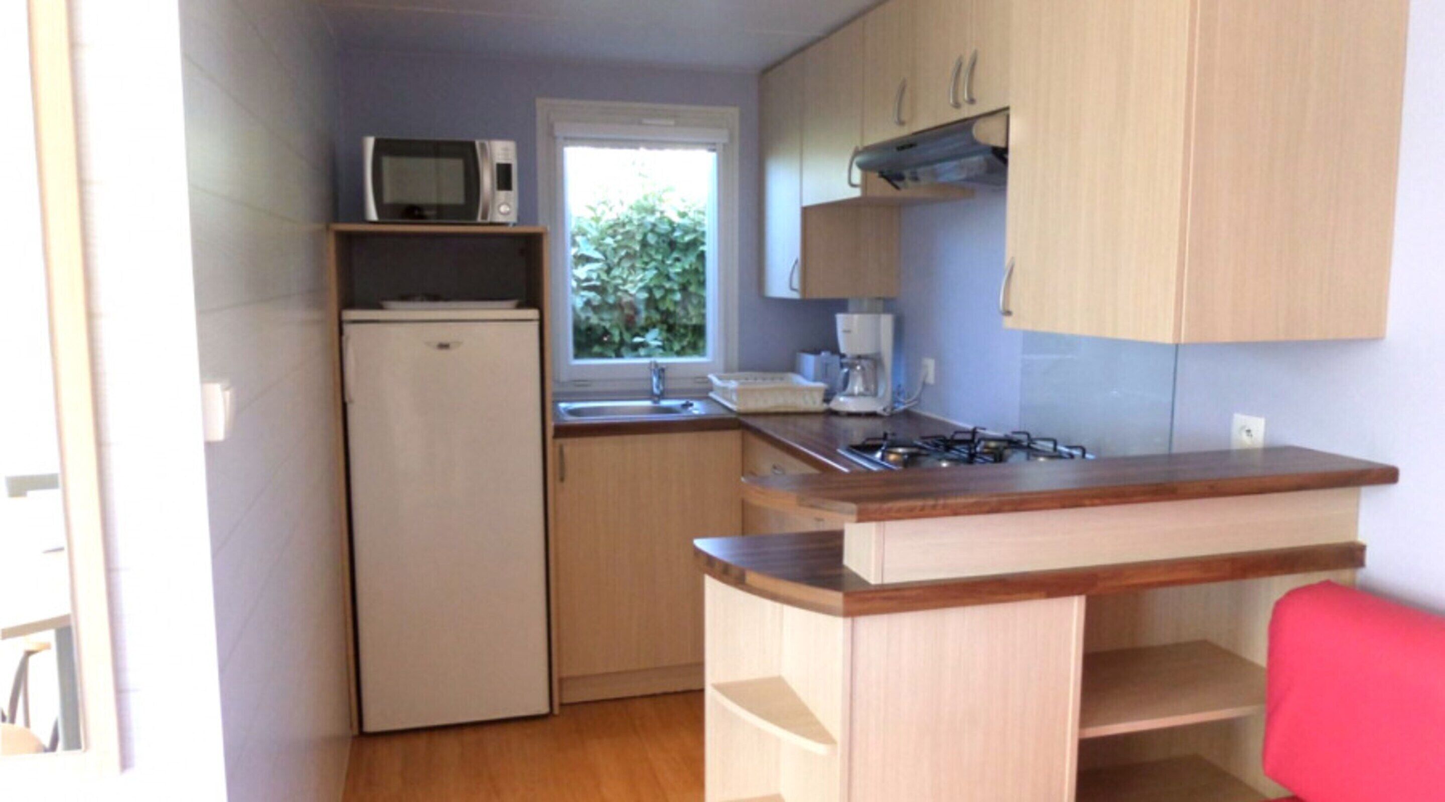 Eine kompakte Küche mit Mikrowelle, Kühlschrank, Spüle und einer kleinen Arbeitsplatte.