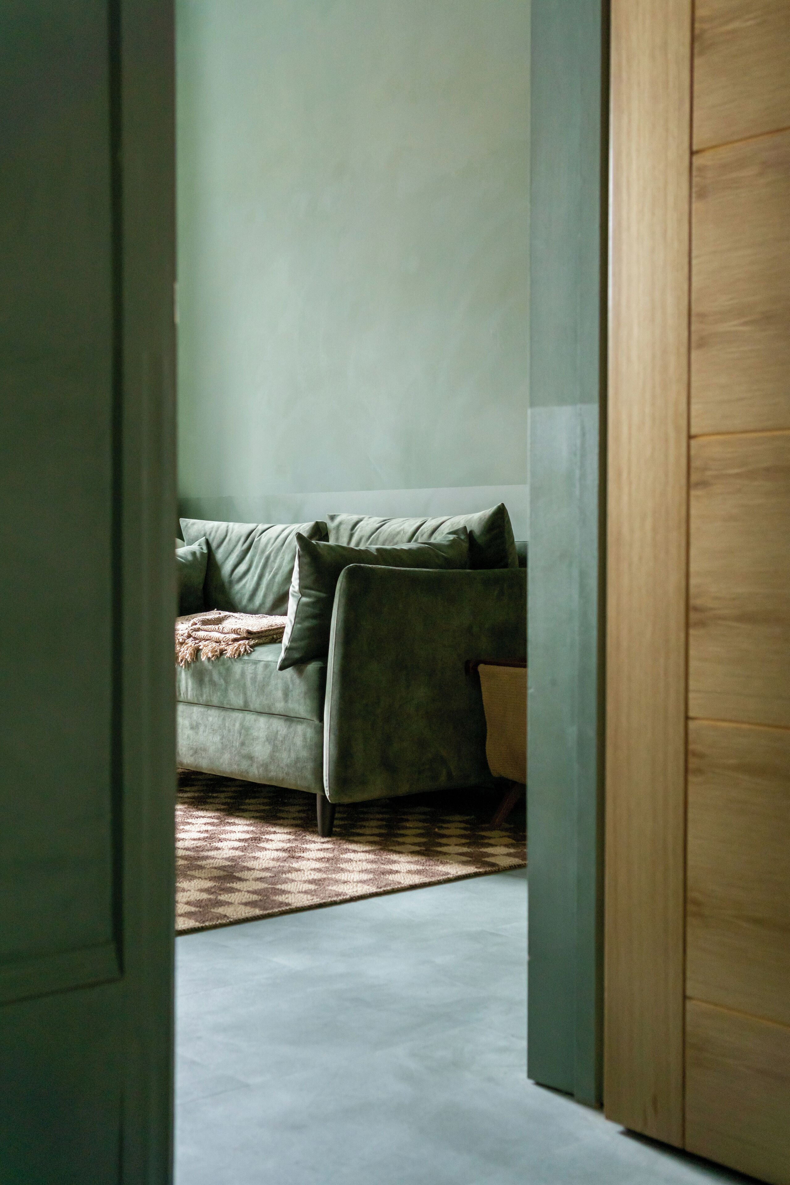 Una habitación con un sofá gris, un tapete estampado y una puerta de madera.
