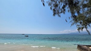 Una playa con agua turquesa cristalina, una orilla arenosa y barcos a lo lejos.