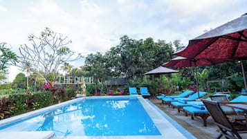 Outdoor pool, pool umbrellas, pool loungers
