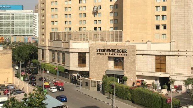 A large hotel with a prominent sign reading "Steigenberger Hotel El Tahrir Cairo." - 3-bedroom bed & breakfast in enjoyable Cairo Governorate with AC (Cairo Governorate)