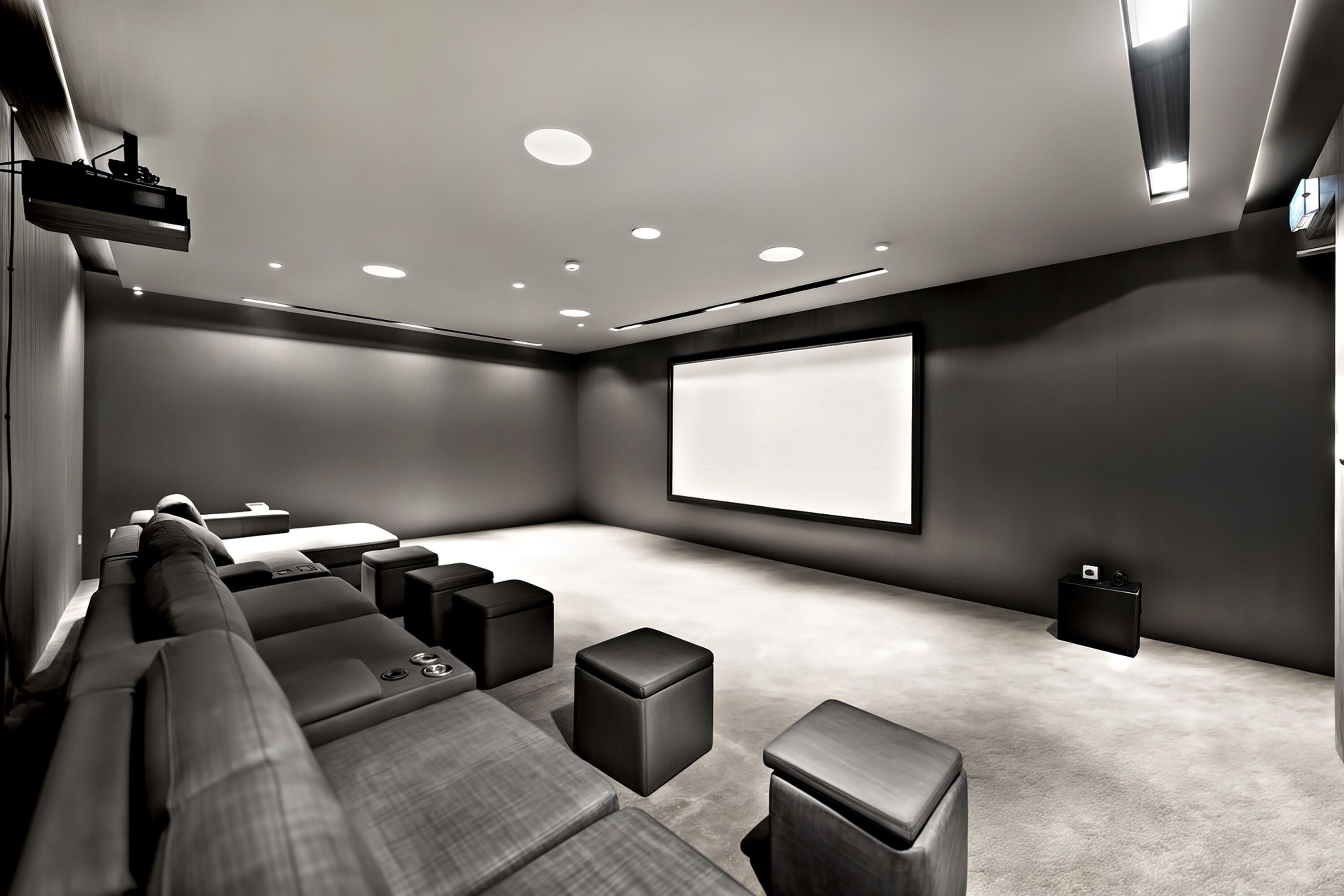 A modern home theater with a large screen, comfortable seating, and a carpeted floor.