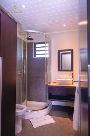 Douche, séchoir à cheveux, serviettes fournies, papier de toilette