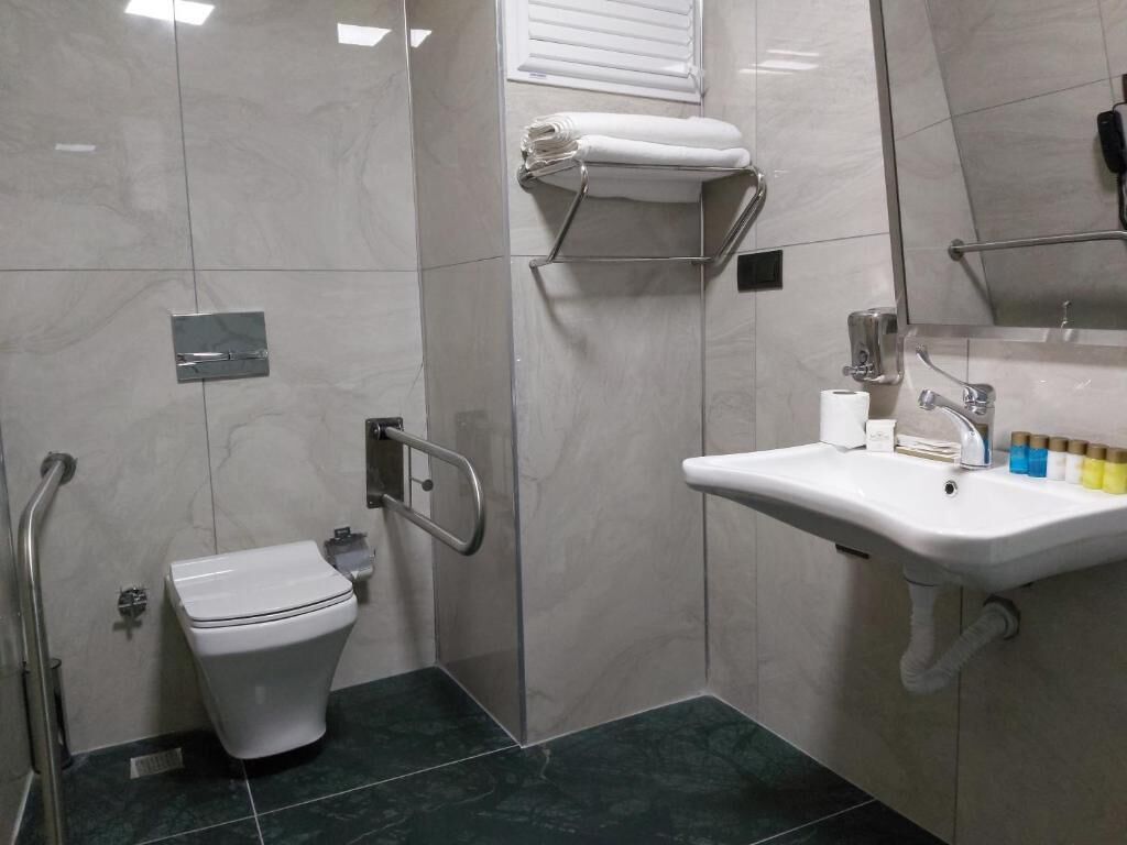 A modern bathroom with a toilet, handrails, a sink, and a towel rack.
