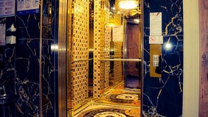 An elevator with marble walls and a patterned floor, featuring a handrail and emergency buttons. - RUA WORLD HOTEL (Van)
