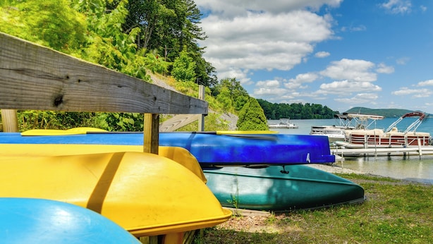 A row of colorful kayaks and canoes parked by a lakeside dock. - 'the Nest': Waterfront Lake Ostego Studio (Cooperstown)