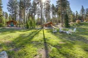 A cabin surrounded by tall pine trees, with a grassy area and white chairs. - Mcgregor Lake Access: Cabin in Wooded Wilderness (Marion)