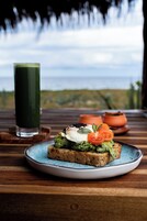 Un plato con un sándwich sobre una mesa de madera, un vaso de bebida verde y dos macetas de barro al fondo.