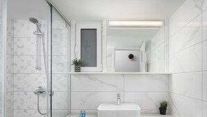 A modern bathroom with a glass shower enclosure, a white sink, and a mirror above the sink.