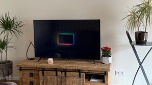 A living room with a flat-screen TV on a wooden entertainment unit, a small round table, and two potted plants. - Cozy vacation apartment Buttermarkt in Linz am Rhein (Linz am Rhein)