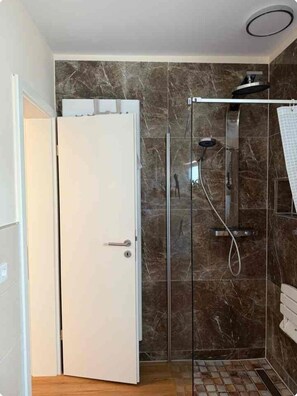 Hair dryer, towels, soap, toilet paper