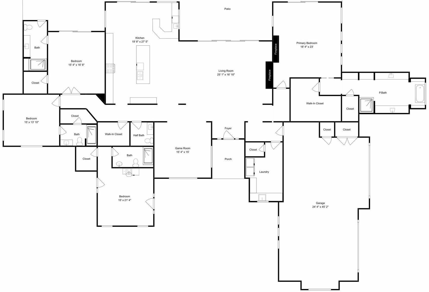 Un plan d’étage comprenant une cuisine, deux chambres, un salon, une terrasse, une salle de jeux, un dressing, un hall d’entrée, une buanderie et un garage.
