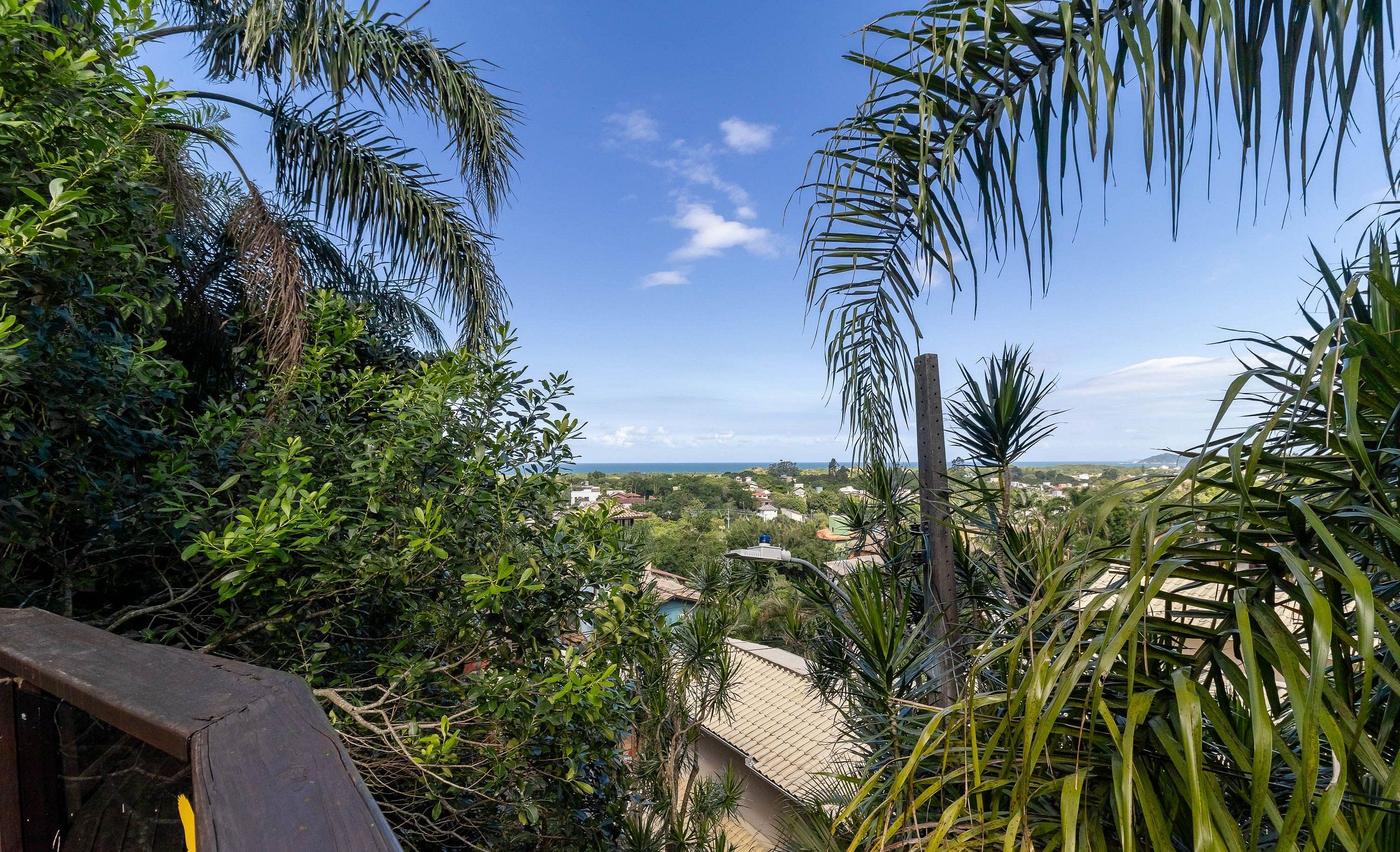 Vista de uma varanda com vegetação densa e céu limpo.