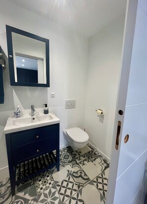 Hair dryer, towels, toilet paper