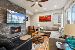 Smart TV, fireplace, books