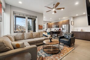 Smart TV, fireplace, books