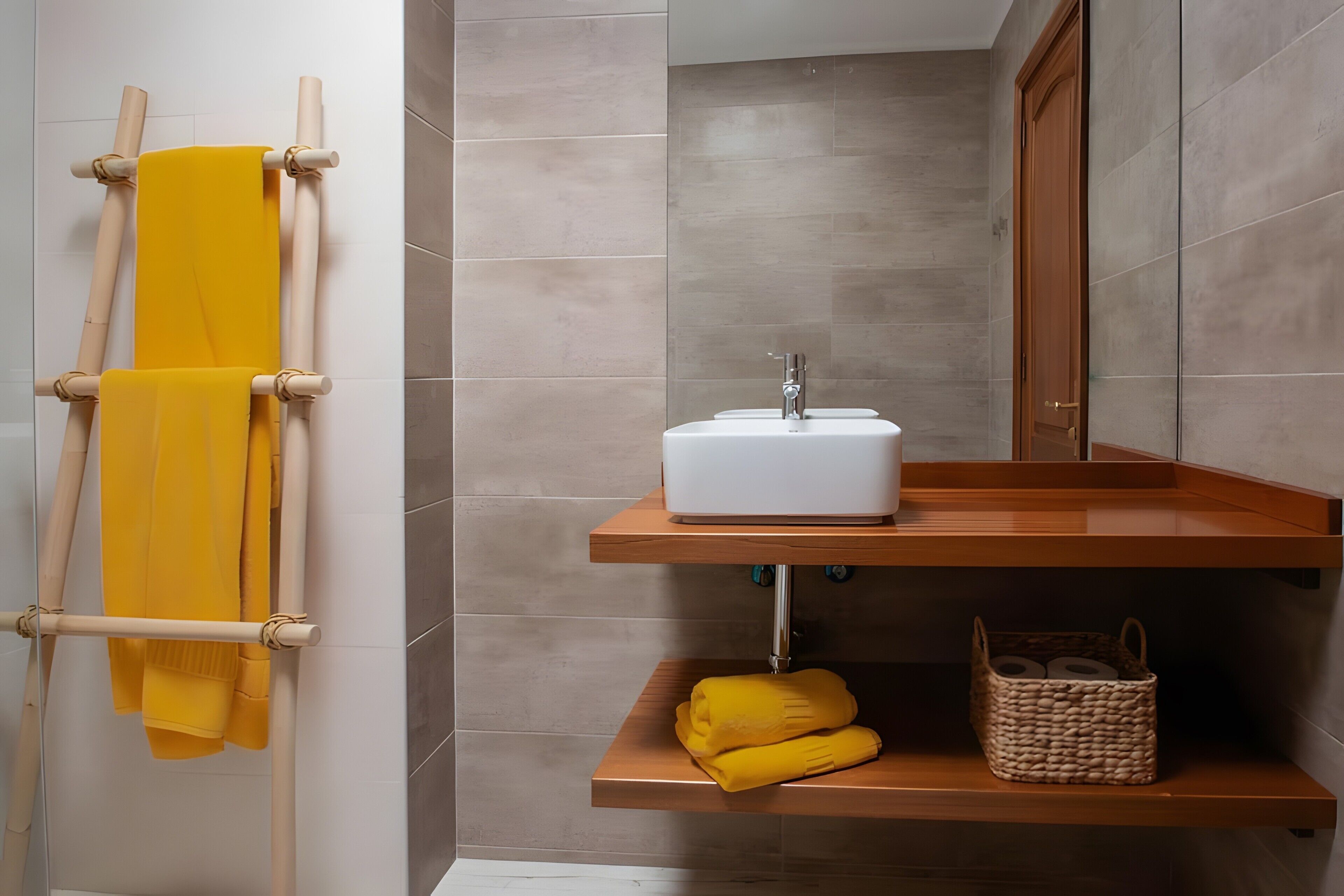 Un baño con un perchero de madera, un lavamanos blanco y una cesta tejida en un estante.