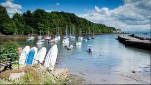 A marina with several boats docked, surrounded by lush greenery and a clear sky.