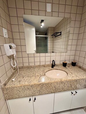 Hair dryer, towels, toilet paper