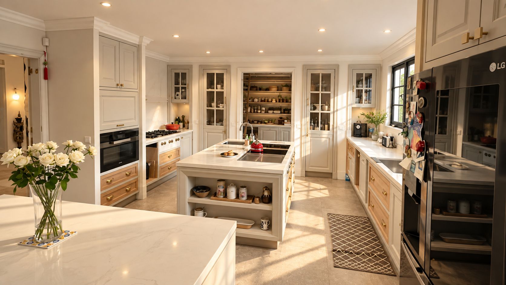 A spacious kitchen with white cabinetry, an island with a sink, and a large refrigerator.