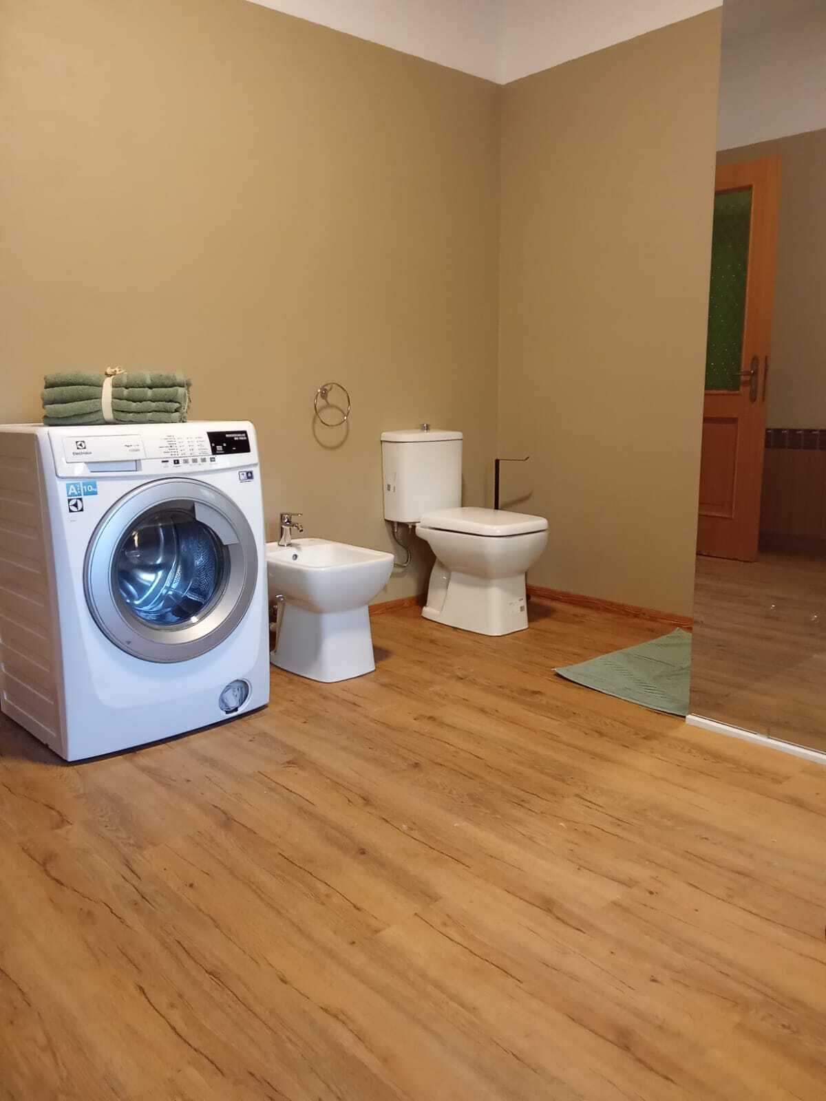 Chuveiro, secador de cabelo, bidê, toalhas de banho