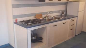 Een koelkast, een oven, een kookplaat, kookgerei, borden en bestek