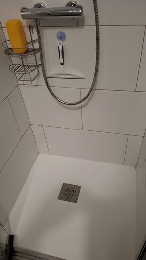 Chuveiro, secador de cabelo, toalhas de banho 