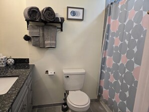 Hair dryer, towels, soap, toilet paper