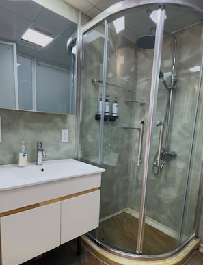 Shower, hair dryer, towels, toilet paper