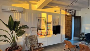 A modern living room with a wooden floor, a large potted plant, a patterned armchair, a television, and a wooden door. - Mulinazzo House. Modern and stylish apartment with sea view. (Cinisi)