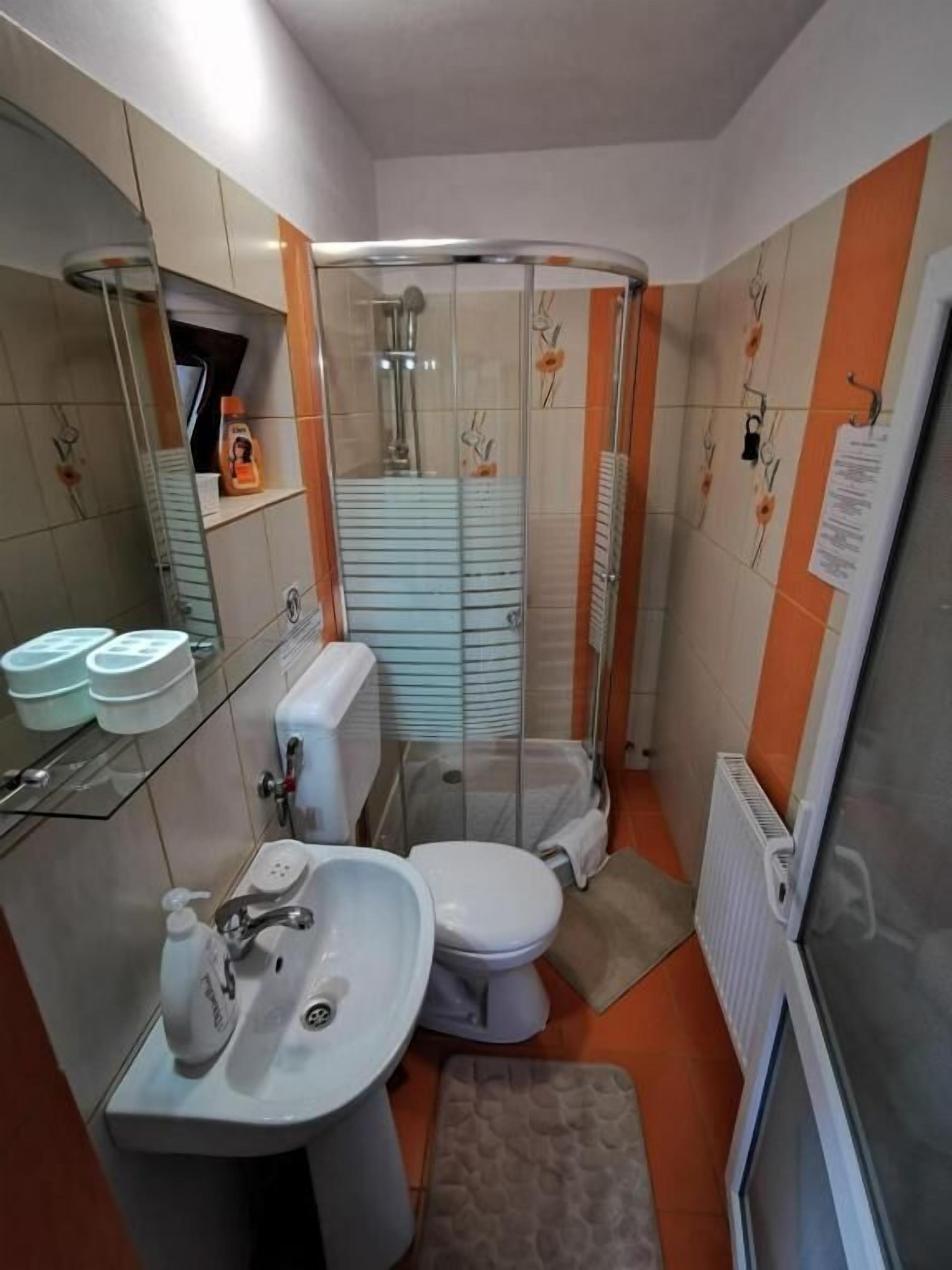 Un baño pequeño con inodoro, lavamanos y ducha.