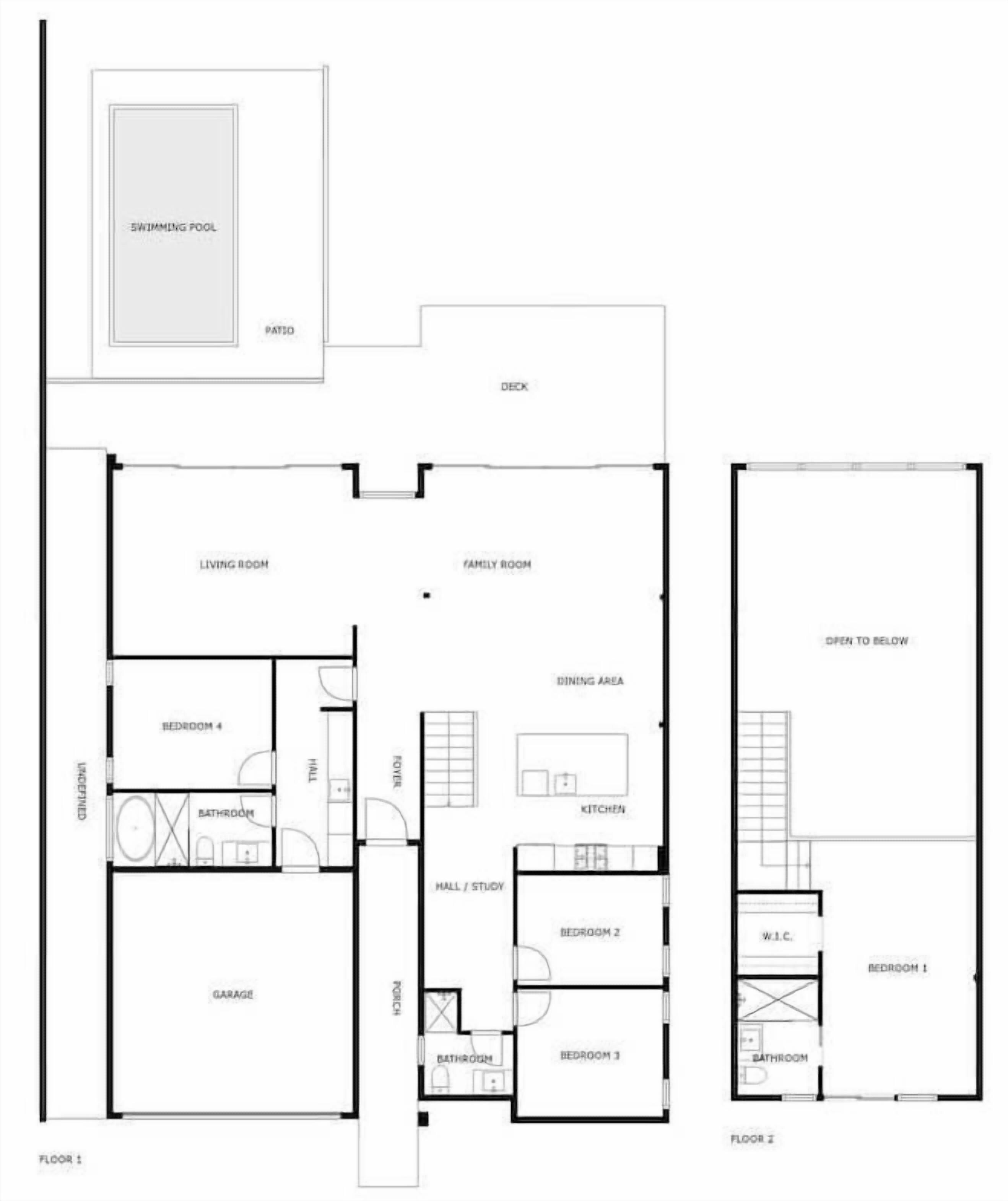 A floor plan with a swimming pool, patio, living room, family room, dining area, kitchen, two bedrooms, a bathroom, a garage, and a hall/study.