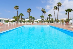 Una piscina azul cristalina con sillas de descanso y palmeras.