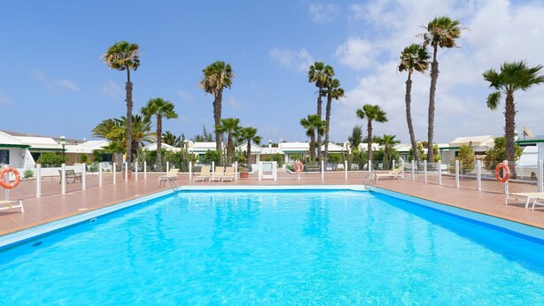 A clear blue pool with lounge chairs and palm trees. - Vacation 'Jardin Del Sol 12' with Mountain View, Shared Pool and Wi-Fi (Playa Blanca)