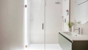 Une salle de bain moderne avec une douche à parois de verre, un lavabo avec un miroir et un plancher en bois.