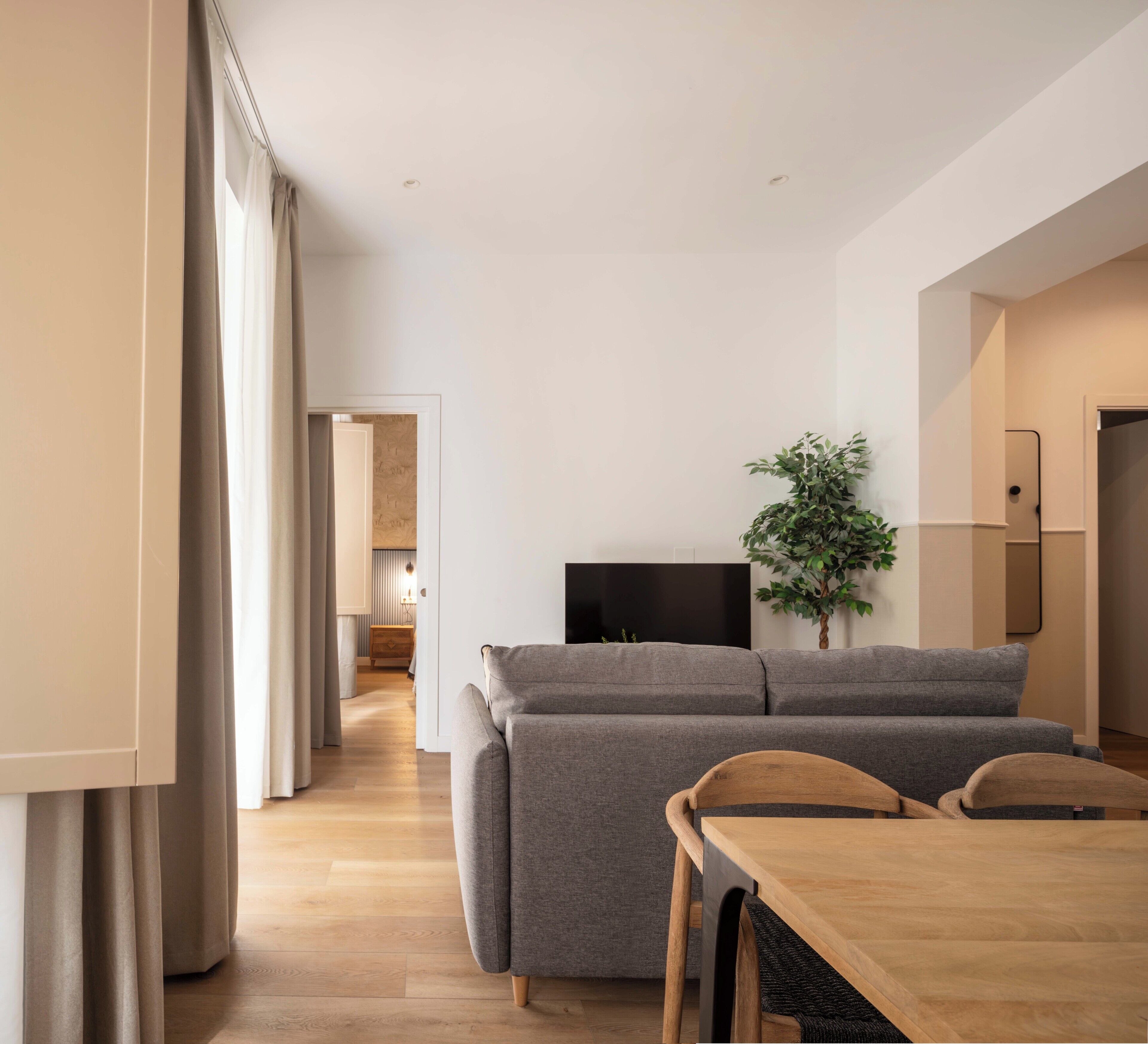 A modern living room with a sofa, a TV, a dining table, and a plant.