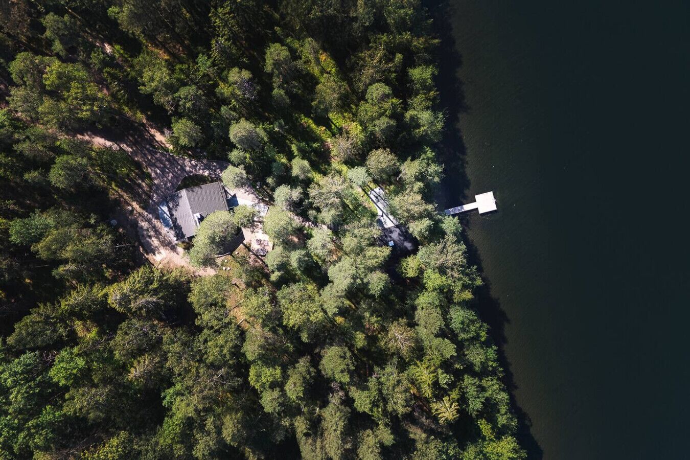 Une vue aérienne d’une cabane entourée d’une forêt dense, avec une jetée qui s’avance dans un lac.