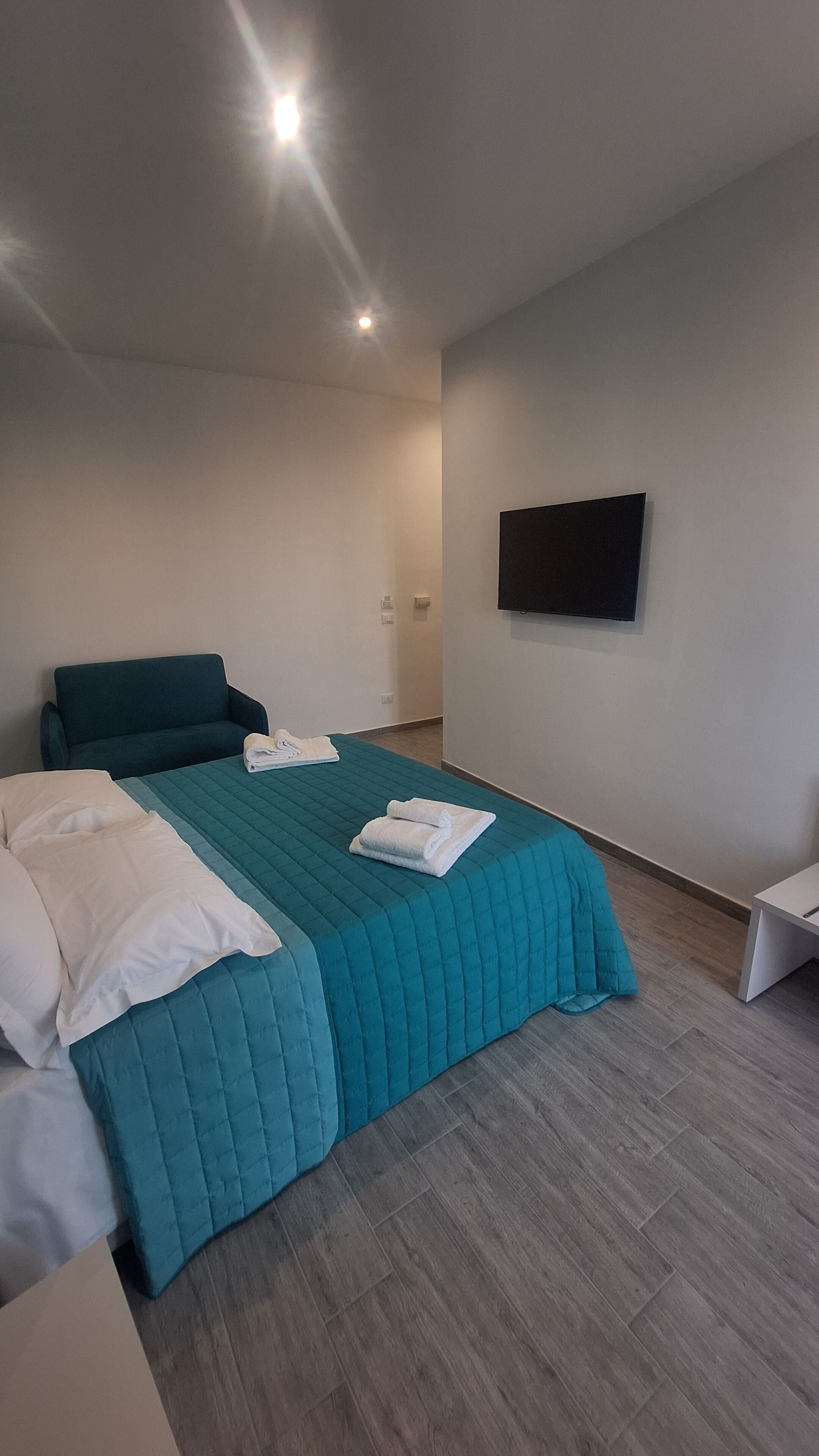 Una habitación de hotel moderna con una cama grande, un televisor de pantalla plana en la pared y suelo de madera.