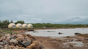 A row of dome-shaped tents with a natural landscape in the background. - Salmon Bay Farm (Rivière-Saint-Paul)