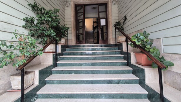 A staircase with green marble steps, wooden handrails, and potted plants on either side. - IAIO Testaccio Retrò (Rome)