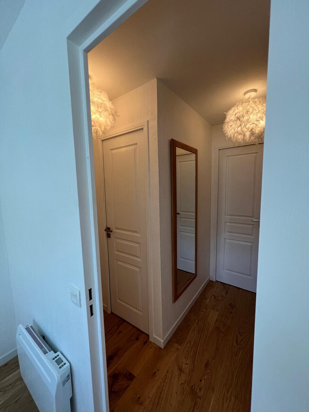 A hallway with white walls, wooden flooring, and two white doors.