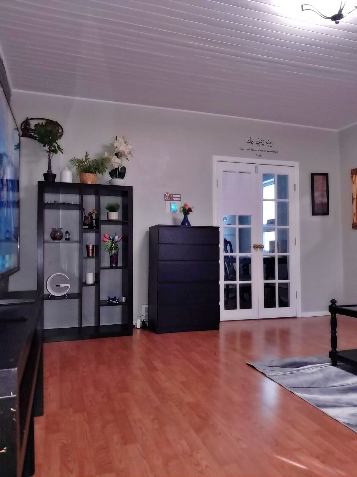 Een kamer met een houten vloer, een zwarte kast met glazen deuren, een witte deur met ruiten en een plafondventilator.