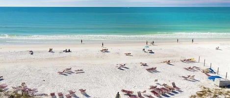 Une plage avec des transats et des parasols, un rivage sablonneux et l’océan en arrière-plan.