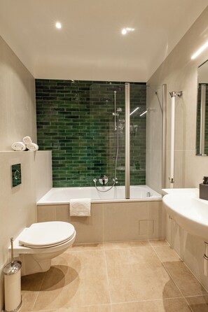 Hair dryer, towels, soap, toilet paper