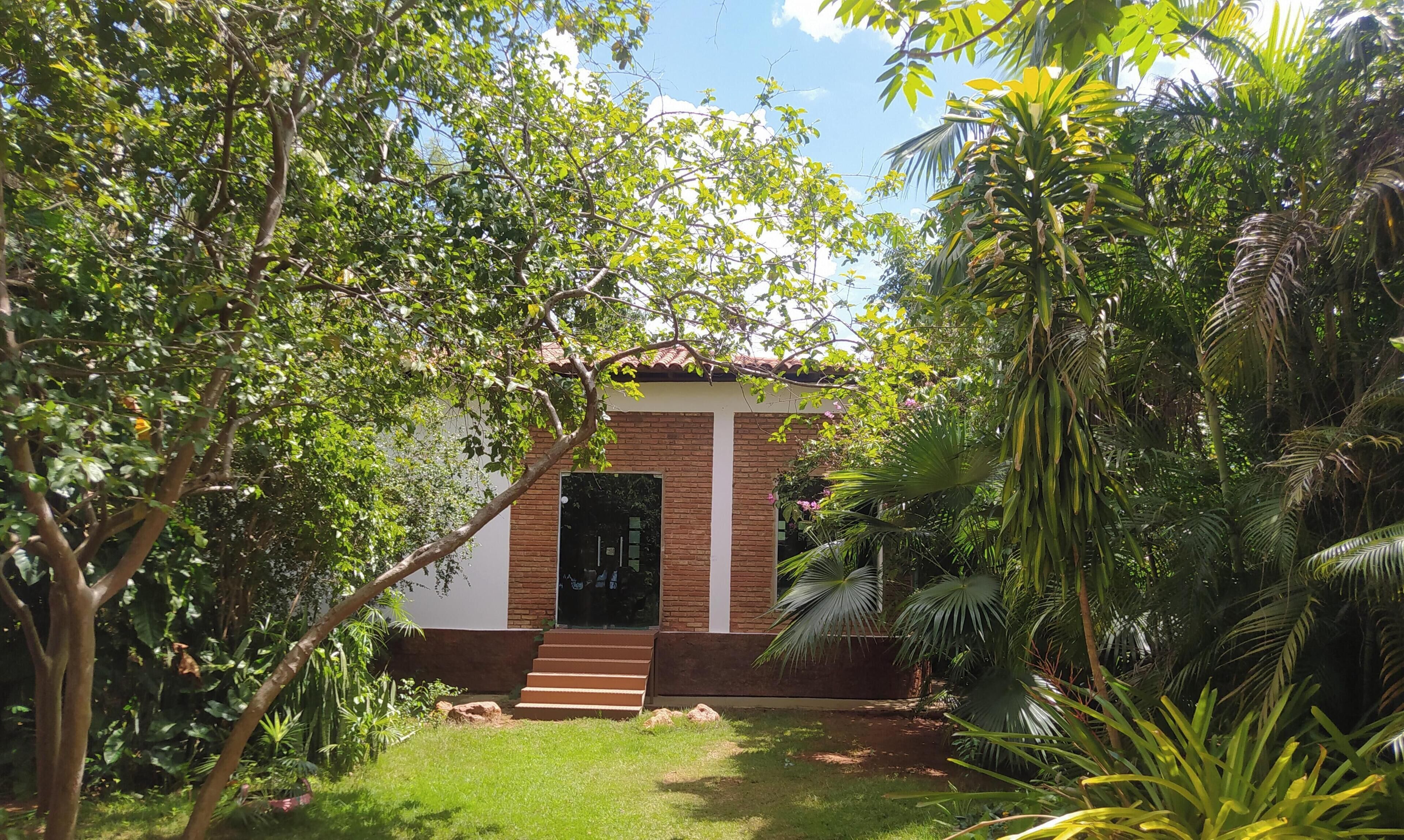 Uma casa com fachada de tijolos, porta da frente e pequeno jardim frontal com grama e plantas.